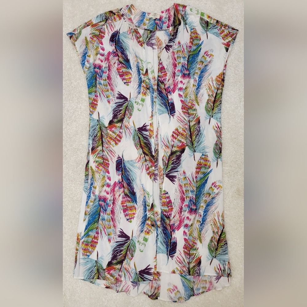 Umgee beautiful multi-color feather cover-up open duster kimono, size small